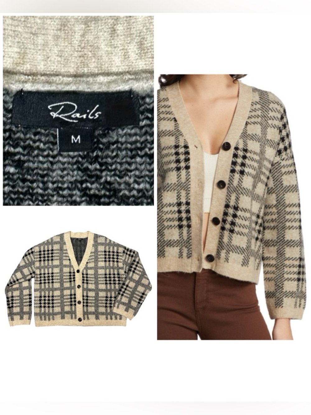 Rails Reese Wool Cardigan Black Oatmeal Plaid V-neck Button-front Boxy Fit